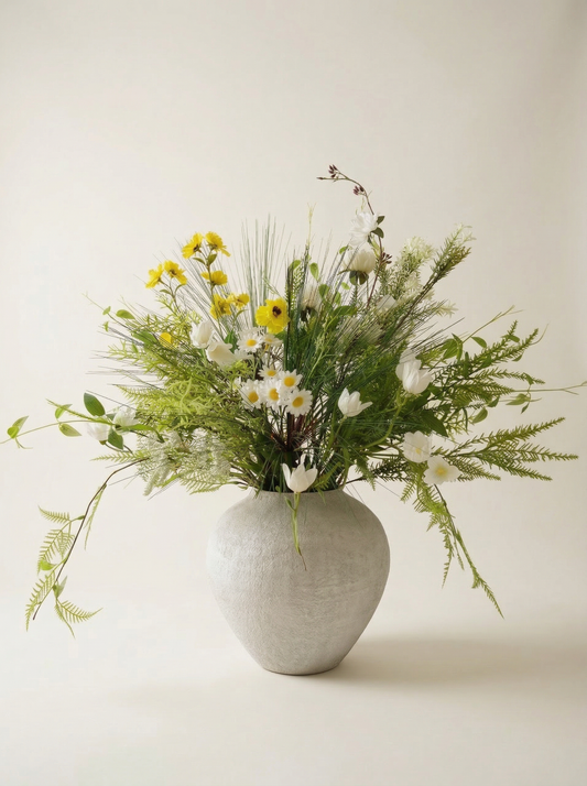 Vase with a bouquet of flowers on a light background